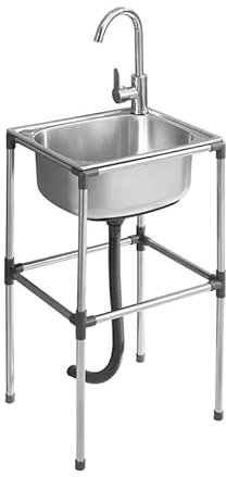 Lavelli in Acciaio Inossidabile, Miscelatore Caldo e Freddo, Lavello per Catering da appoggio per Tavolo da Pranzo, Cucina, Lavello per Garage Industriale, Lavanderia con Rubinetto e Scarico