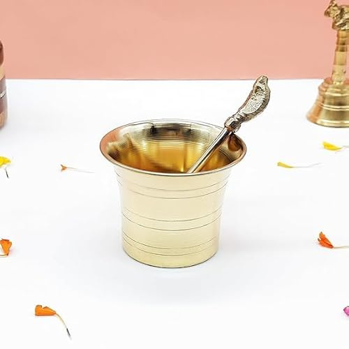 AURA MART Indian traditional handcraft Brass panchapatra set Panchapatra with spoon use for ganga jal, pooja, temple, and panchapatra use for diwali festival/golden color panchapatra (Size - 7cm)