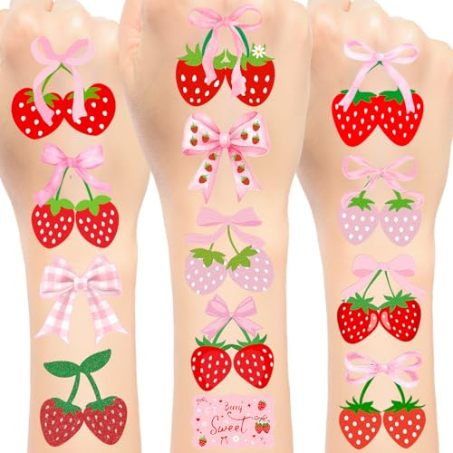 96 PCS Pink Bow Strawberry Temporary Tattoos Stickers, Pink Bow Strawberry Party Favors Birthday Party Decorations Berry Sweet Strawberry Theme Tattoos for Girls Baby Shower Wedding Bridal Shower
