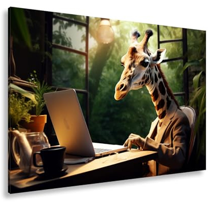 deyoli Leinwandbild Giraffe im Anzug arbeitet konzentriert an einem Laptop im Grünen Format: 120x80cm XXL Kunstdruck Bild auf Keilrahmen/Wandbild/Wohnzimmer Dekoration