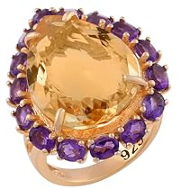 Ring aus 925er-Sterlingsilber, Citrin-Amethyst, vergoldet, birnenförmig, rund, facettiert, Statement-Cocktail-Schmuck, Geschenk für Damen, handgefertigt, Krappen-Set, 27 x 22 mm, 60(19.1),R1/2