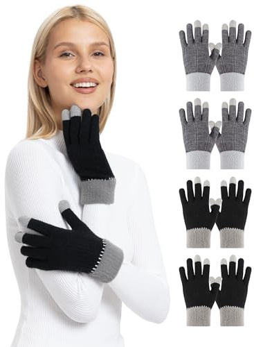 ORVINNER Winter Gloves for Women, 4 Pairs Womens Touch Screen Warm Lining Stretchy Thermal Knitted Gloves for Cold Weather 2 Black / 2 Grey Pack