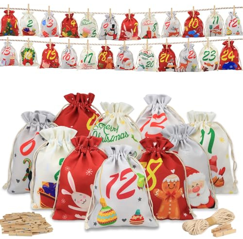 DXRPO Calendario de Adviento para Hombre para Rellenar - 24 Bolsas Reutilizables con Cuerda y Pinzas (18x13cm) - Ideal para Regalos Técnicos, Herramientas, Cerveza