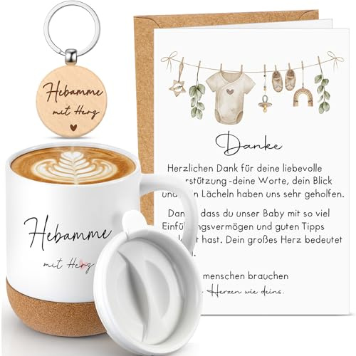 Geiserailie 4er Set Hebamme Geschenk Tasse mit Schlüsselanhänger | Tasse mit Gravur, Holz Schlüsselanhänger, Karte, Umschlag, Dankeschön für Betreuerinnen, Hebammen mit Herz, Weihnachten