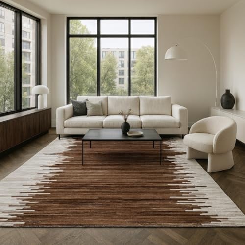 MY-RUG Fellteppich 80x150cm aus echtem Kuhfell - Rindlederteppich Braun | Handgenähter Echtfell-Teppich mit Filz-Rückseite, Modernes Streifenmuster für Wohnzimmer, Unikat aus Rindleder