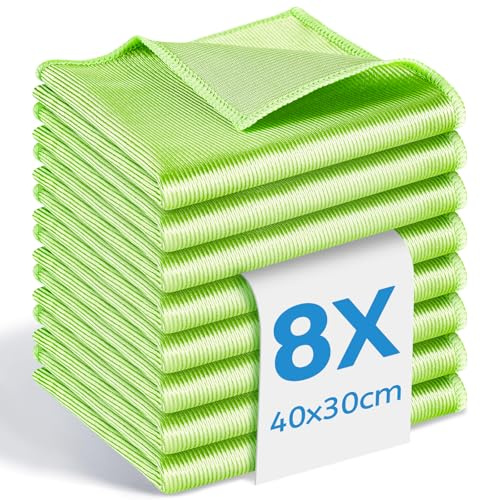 KUOGAS Set of 8 Premium Mikrofasertücher, Fensterputztücher Streifenfrei 40X30, Super robuste Putztücher, Reinigungstücher und Putzlappen Küche, Glasreinigungstücher,Microfasertücher Auto