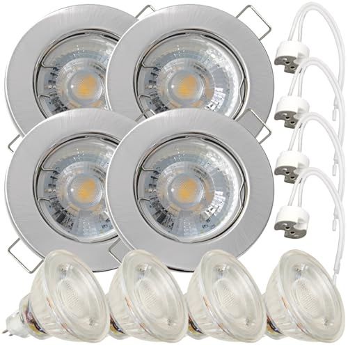 Lampen-Platz 4 Stück LED Einbaustrahler Lotta 12V 5W COB Warmweiß 3000K | IP20 | Edelstahl gebürstet | Kompakte Einbauleuchte | Deckenspot für Wohnbereich
