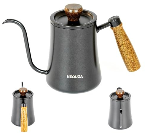 NEOUZA Hervidor de cuello de cisne de 500ml, hervidor seguro para estufa de acero inoxidable 304 para café y té de goteo, boquilla de precisión y mango de madera