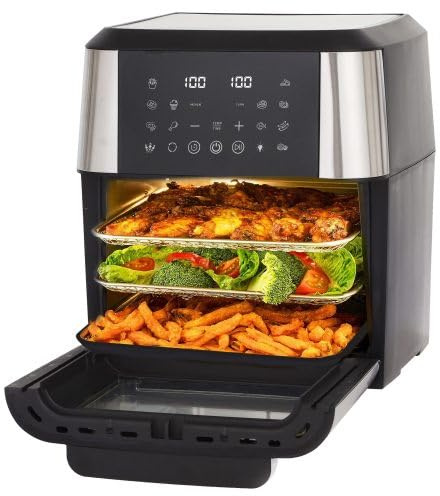Airfryer XXL 12L mit Rotisserie Grill, Heißluftfritteuse Groß wie Backofen, LED Touch, 360° Umluft, Inkl. 2 Grillspieße & Zubehör, Gesund & Energiesparend Kochen für Großfamilien, Schwarz