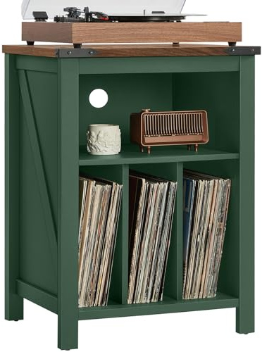 LELELINKY Plattenspieler Ständer mit Vinyl-Plattenständer, Grünes | Plattenspieler Tisch hält bis zu 160 Alben, Großes Holz Plattenspieler Ständer Schrank Dispaly Regal für Wohnzimmer