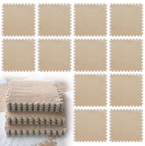LUPATDY 12 Stück Ineinandergreifende Plüsch Schaumstoffmatte 30x30cm, Puzzlematte Baby, Schaumstoff Puzzle Matten, Wohnzimmer Schlafzimmer Teppichfliesen, Bodenfliesen Für Spielz (Hellbraun)