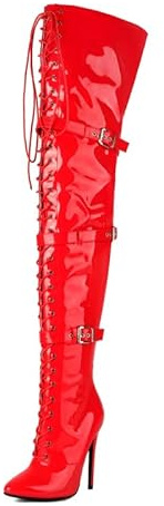 Veelau Meieer Stivali sopra il ginocchio da donna in pizzo con punta chiusa a spillo tacchi alti in pelle laccata stivali stringati con fibbie, Vernice rossa, 36 EU