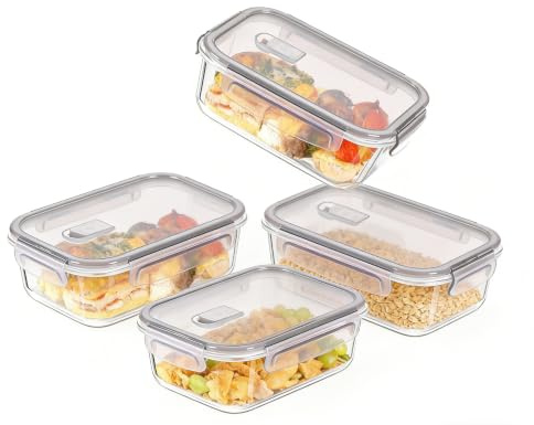 Glass Food Storage Containers with Lids of 1040ml*4, Kitchen Essentials Storage,Bpa-Free Glass Meal Prep Containers - 8piece Set (4Containers + 4Lids),Food Containers with Grey Lids