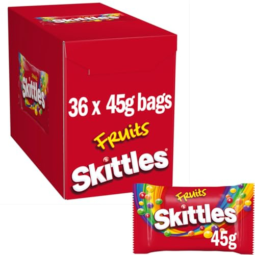 Skittles Fruits Vegan Chewy Sweets Snack Bags Bulk Multipack Box, 36x45g | Chewy Fruit Sweets in Crispy Sweets Shell, Vegan Friendly Treats, Perfect Bulk Office Pantry Snacks, Afternoon Desk