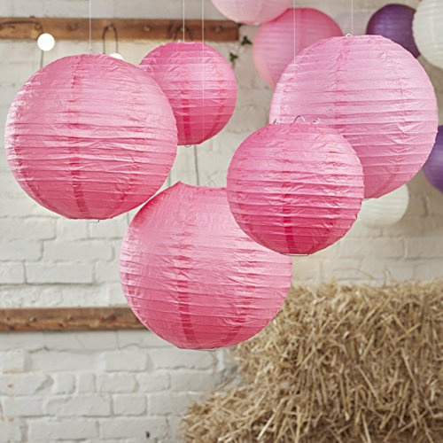 Ginger Ray BH-713 Round Paper Lantern with Wire Ribbing In 2 Größen für Hochzeiten und Partys, Papier, 5 Stück, Fuchsia