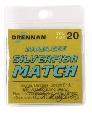Drennan Barbless Silverfish Match Hooks Size 20 Qty 10