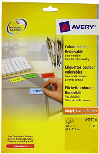 Avery Farbige Etiketten, Gelb, 20 Blatt, 24 Etiketten pro Blatt
