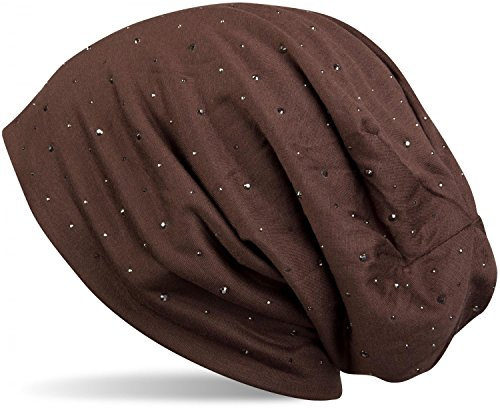 styleBREAKER Damen Beanie Mütze mit edler Strass-Nieten Applikation, Longbeanie Slouch 04024037, Farbe:Dunkelbraun