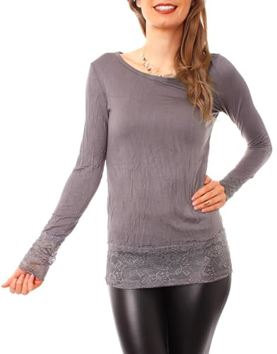Langärmeliges Damen Baumwoll Longshirt mit breiter Spitze - Dunkelgrau Gr.S/M
