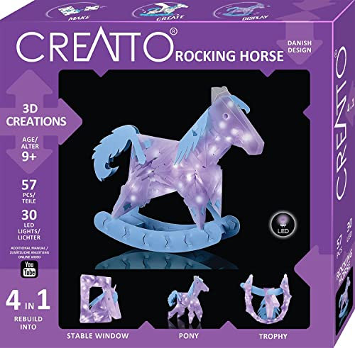 Kosmos 3669 CREATTO Schaukelpferd, 3D-Leuchtfiguren entwerfen, 3D-Puzzle-Set für Schaukelpferd, Pony, Pokal, Stallfenster, 57 Steckteile, 30-TLG LED-Lichterkette