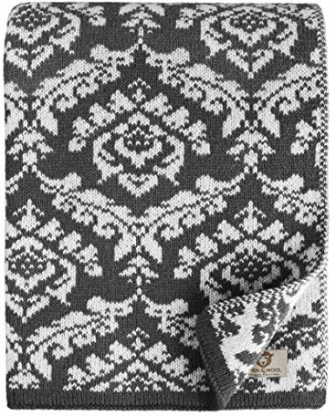 Linen & Cotton Jacquard Decke Wolldecke Gestrickt Caressa mit Damast Muster - 100% Reine Neuseeland Wolle, Schwarz/Weiß (135 x 180cm) Kuscheldecke Strick/Sofadecke/Strickdecke/Plaid Couch Sofa