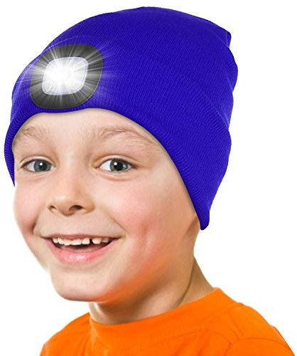 Attikee LED Lighted Beanie Cap for Kids, Rechargeable 4 LED Headlamp Hat, Knitted Winter Hat with Torch for Cycling Running Camping Night Walking, Christmas Novelty Gifts for Boys Girls Kids Children