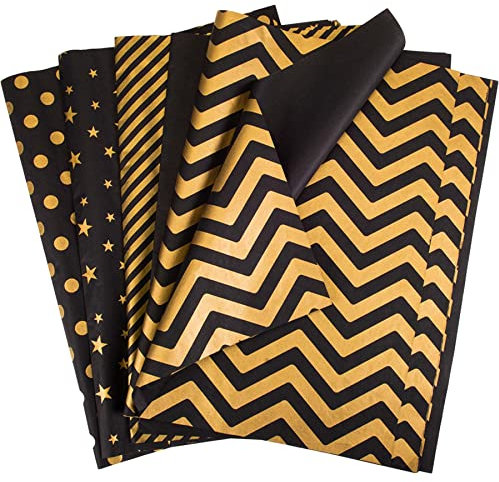 Larcenciel 50 Blatt Seidenpapier, Schwarz Goldenes Seidenpapier, 5 Arten Metallic Geschenkpapier Bastelpapier Geschenk Verpackungsmaterial für Hochzeit, Babyparty, Geburtstag (50 x 35 cm)
