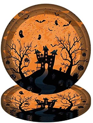 YAAVAAW 16 piatti di carta per feste di Halloween, 18 cm, decorazione per la tavola di Halloween, piatti di carta usa e getta con motivo albero di pipistrello arancione per feste di compleanno