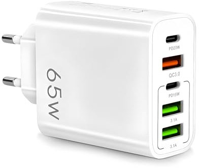Chargeur Rapide Multi USB C 65W Prise - 2 USB-C + 2 USB + 1 QC 3.0 (5 Ports) Compatible Apple, iPhone, iPad, MacBook, Androïd, Samsung etc. - Norme CE & FCC (Blanc)