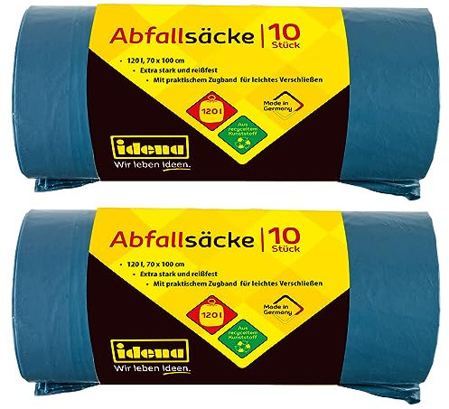 Idena 50056-2 - Set de sacs poubelle, 2 rouleaux de 10 pièces, bleu, 120 litres, 40µ extra fort et indéchirable, avec lien coulissant pratique, sacs à liens coulissants
