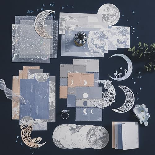 Doraking 63 Stück Mond-Verzierung, Scrapbook-Papier-Packungen für Tagebuch, Material, Papier, Memos, Briefmarken, Karten für Tagebücher, Planer, ästhetische DIY, Kunst, Handwerk, Collage, Album