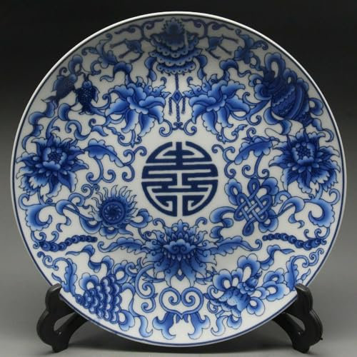 Plato pintado de porcelana china antigua de 25,4 cm, color azul y blanco