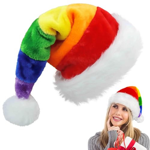 POPOYU 3 Stück Weihnachtsmütze Nikolausmütze Erwachsene,Weihnachtsmann Kostüm Nikolausmütze,Regenbogen Mütze Dicker Plüsch Fellrand aus Plüsch Nikolaus,Weihnachtsmann Mütze für Herren/Damen