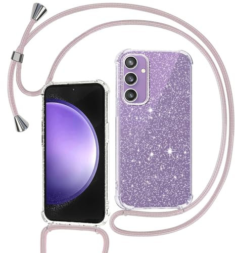 Tikgue Handykette für Samsung Galaxy S23 FE 5G Hülle mit Band, Handyhülle mit Kordel zum Umhängen Schutzhülle mit Kette Glitzer Transparent Weich TPU Silikon Bumper - Roségold