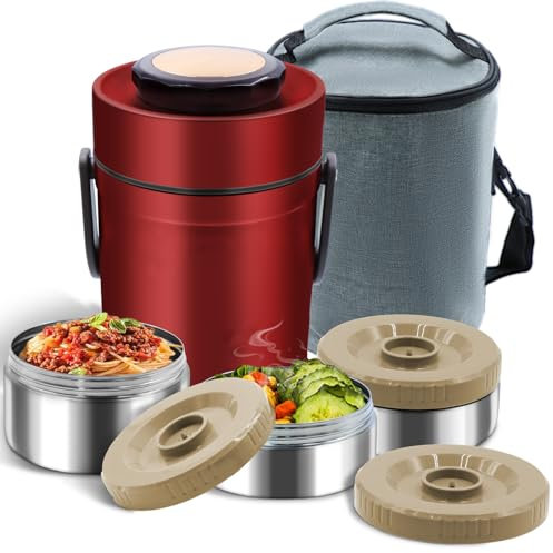 YRPOMJV 67oz Thermos for Hot Food,3-Layer Sealed Stackable Food Thermos,with Lunch Bag Soup Thermos Wide Mouth,It Is Suitable for Daily Office Meals, and Outdoor Meals (Red)