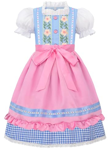ReliBeauty Dirndl Mädchen Kinder 2-in-1 Set Midi mit Schürze blau pink,100