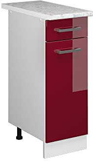 Vicco Unterschrank R-Line, Bordeaux Hochglanz/Weiß, 30 cm mit Schublade, mit Arbeitsplatte