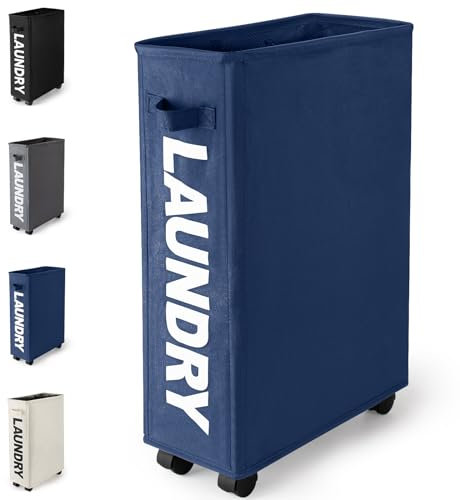 Virklyee Faltbarer Wäschekorb mit Rollen 43L Schmaler Oxford-Stoff Faltbarer Wäschesammler Wäschekorb mit Griffen und Rädern, Wäschesäcke, Wäschebehälter, PE-Beschichtung(Dunkelblau) ﻿