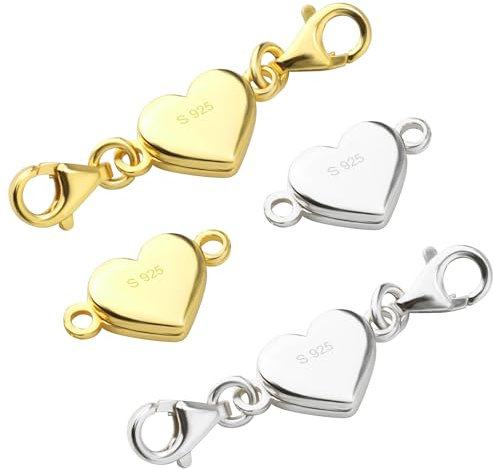 Demarsen 4 Stück Herzförmig Magnetverschluss, 925 Magnetische Halsketten Verschlüsse, Gold und Silber Doppelter Karabinerverschluss, Armband Verschluss für Schmuckherstellung DIY-Zubehör