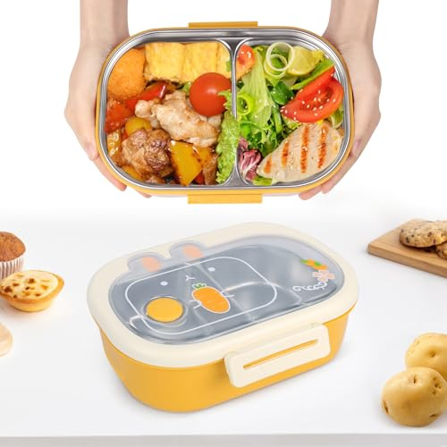 Figarge Kinder Brotdose Edelstahl Lunchbox aus Edelstahl Mit 2 Fächern, Bento Box Auslaufsichere Brotdose Kinder und Erwachsene,Wasserdicht, BPA freie & Spülmaschinenfest Jausenbox mit Motiv (Gelb)
