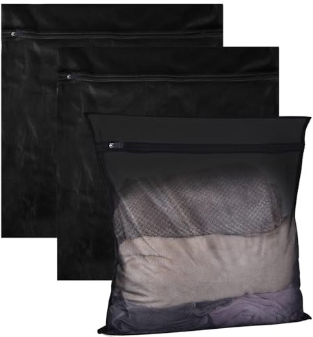 Lumeclat Set de 3 Sacs à Linge Grands avec Fermeture Éclair, 50x60cm, Filets de Lavage Réutilisables, Sac de Linge de Voyage, Lavable, pour Couvertures en Polaire, Sous-Vêtements, Linge de Lit (Noir)