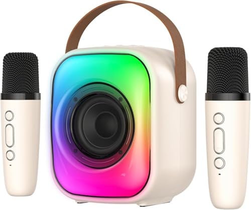 PHNIXGAM Mini Karaoke Machine with Two Wireless Microphones, Portable Bluetooth Speaker for Adults and Kids, Karaoke Microphone with LED, Speaker Supports for TF Card/USB, AUX In (Beige)
