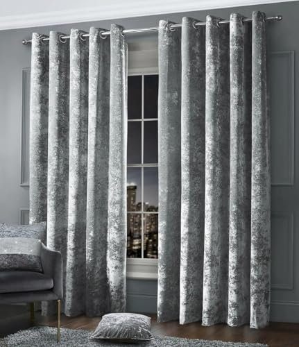 LIZZIE JACOBS Crushed Velvet Luxury Curtains Eyelet Top Fully Lined Thick Curtain Pairs Living Room Bed Room Kitchen Office Ring Top Curtains (Silver, 46 wide x 72 drop)
