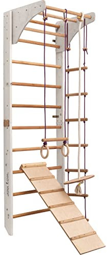 Kletterwand für Kinder-Indoor Klettergerüst aus Holz-Wand-Reck, Stange, Gymnastik-Ringe, Kletterseil, schwedische Leiter, Rutsche
