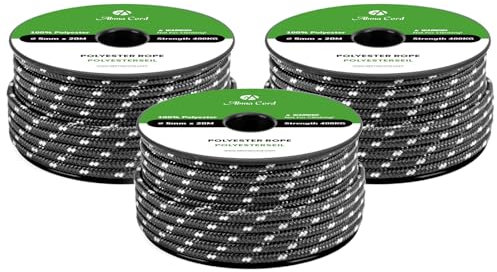 Abma Cord Polyester Cord 5mm x 20m Braid Polyester Rope, Black/White - Heavy Duty & Low Stretch - High UV & Abrasion Resistance