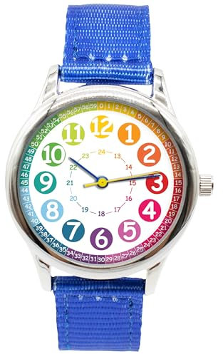 K&L Wall Art Kinderuhr Analog Lernuhr Kinderarmbanduhren für Jungen Mädchenuhr Kinder Armbanduhr (Regenbogen, Blau, Nylon)