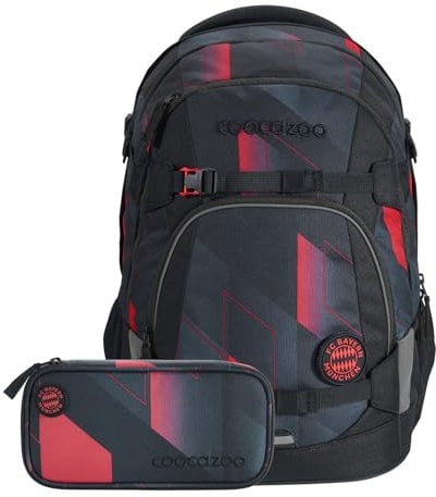coocazoo Schulrucksack-Set Mate „FC Bayern”, schwarz-rot, inkl. Schlampermäppchen, ergonomischer & anpassbarer Tornister, höhen- & größenverstellbar, mit Brustgurt & Hüftgurt, ab der 3. Klasse