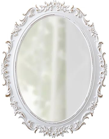Sintosin Barock Spiegel Oval Weiß 54 x 41 cm, Dekorative Wandspiegel mit Holzrahmen, Vintage Spiegel Flur Wand, Spiegelwand für Wohnzimmer, Schlafzimmer, Badezimmer, Flur, Horizontal oder Vertikal
