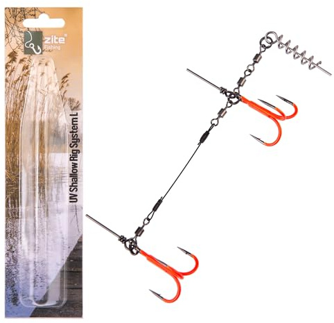 Zite Fishing Shallow Rig Hechtsystem UV Aktiv Größe S 9cm & L13cm | Fertigmontage Drillingssystem Raubfischangeln | Flachwasser Gummifische 15-20cm & 21-26cm| Gummifischmontage, Stingerhaken