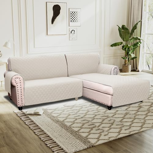 BellaHills Sofa Cover L Shape 2 Piece Couch Cover for Sectional Sofa Non Slip Corner Sofa Cover Water Resistant Chaise Sofa Cover for Dogs (Right Chaise Lounge + 2 Seater, Ivory)